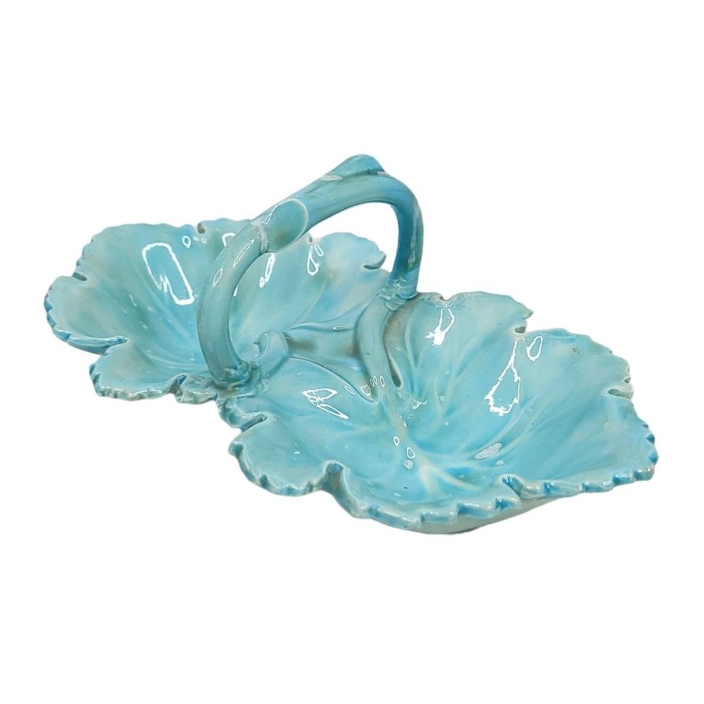 Vintage Holland Mold Double Leaf Dish Relish Condiment Soap Blue White Ceramic - Picture 7 of 10